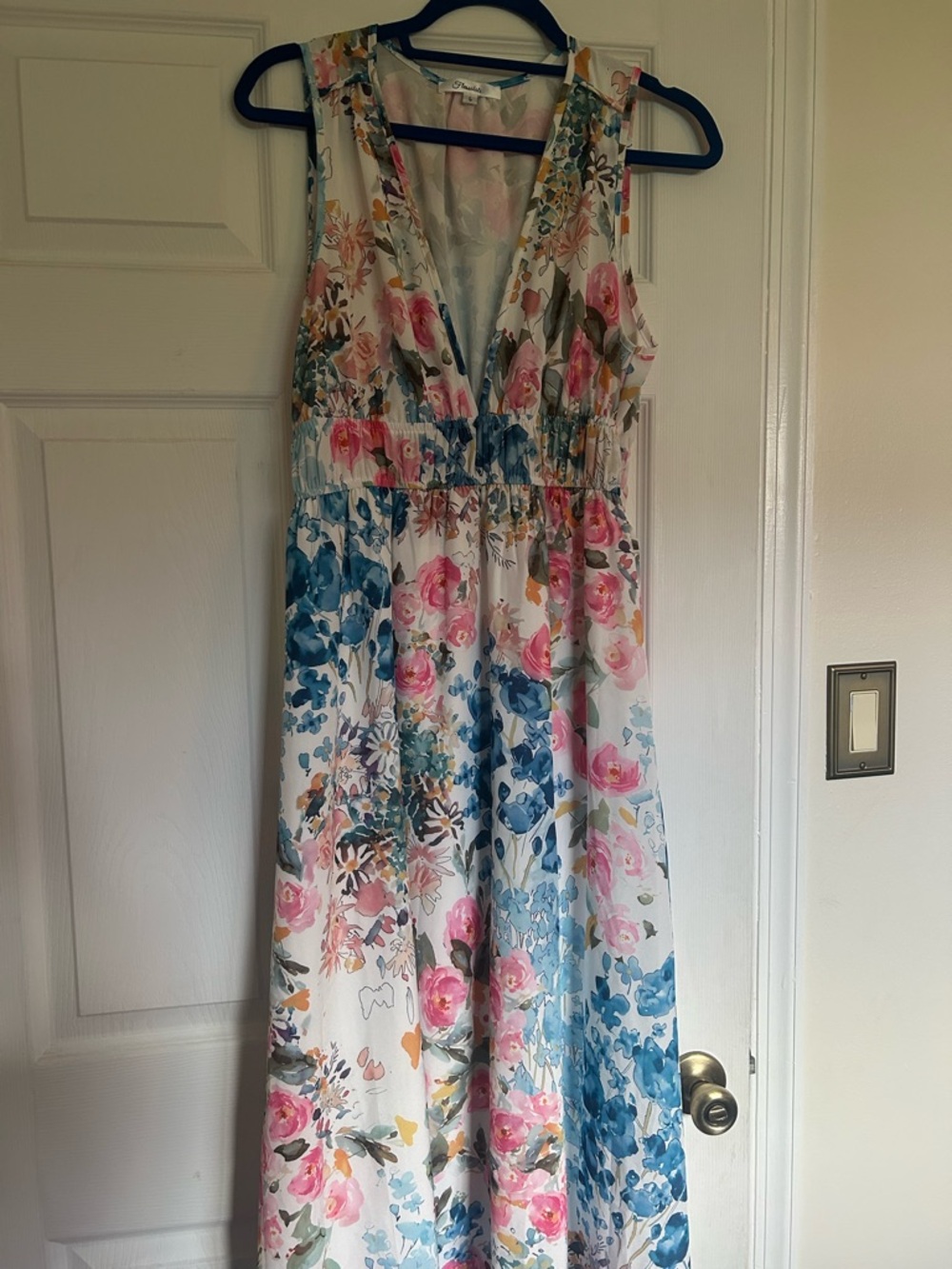 Amazon Floral Maxi Dress in White with Pink and Blue Flowers